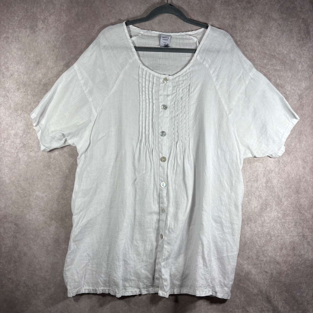 Match Point Top Womens XL White Linen Button Down Pintuck Lagenlook Boho $48